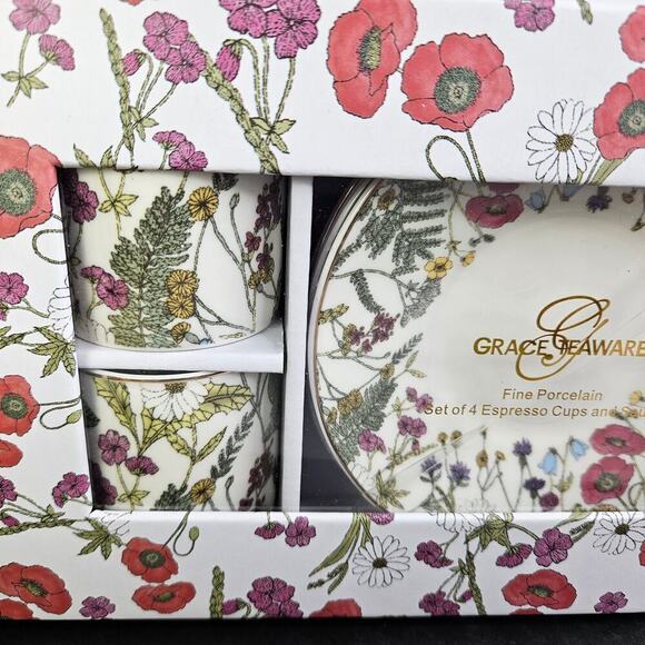Graces Teaware Espresso Cups Saucers Set 4 Porcelain Floral Gold Trim Boxed New - Picture 2 of 8
